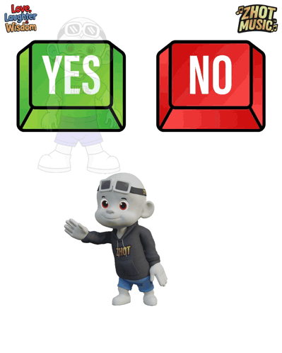 a cartoon character is standing in front of a button that says yes and another button that says no