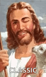 A classic painted depiction of Jesus gives a thumbs-up beneath “CLASSIC” text.