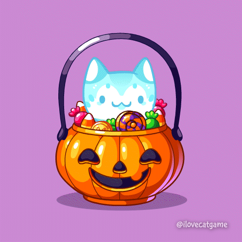 a cartoon drawing of a cat in a pumpkin filled with halloween candy
