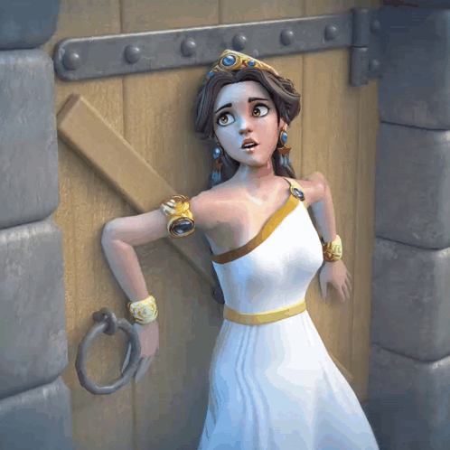 a cartoon drawing of a woman in a white dress standing next to a wooden door