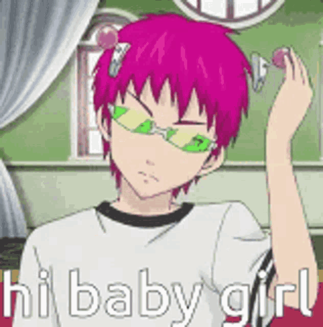 a boy with pink hair is wearing sunglasses and a shirt that says hi baby girl .