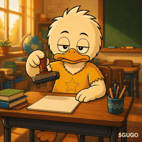 a cartoon duck sitting at a desk stamping something