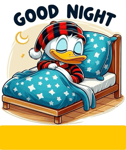 Donald Duck sleeps in a star-patterned bed beneath “GOOD NIGHT.”