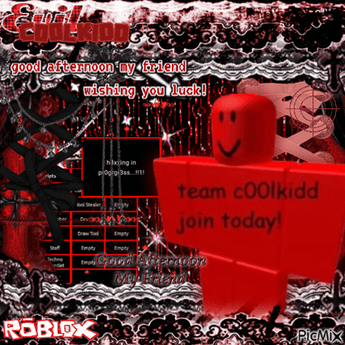a red roblox character with the words team coolkidd join today on it