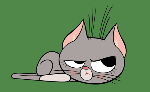 A gray cartoon cat lies flat with narrowed, annoyed eyes.
