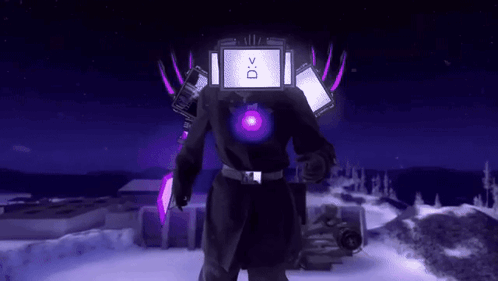 a man in a black coat is standing in the snow with a purple glowing head .