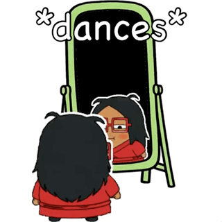 a cartoon of a person looking at their reflection in a mirror with the words " dances " written on it