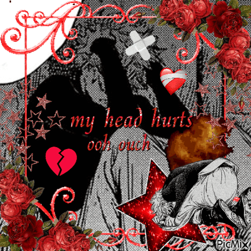 a picture of a man with a broken heart and the words my head hurts ooh touch
