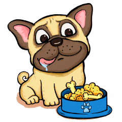 a cartoon pug dog is sitting next to a bowl of dog food