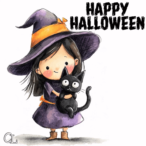 a little girl in a witch costume is holding a black cat with the words happy halloween written above her