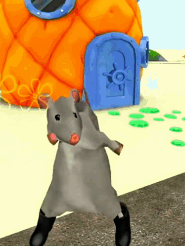 A gray animated rat dances outside a cartoon pineapple house.