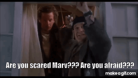two men are standing next to each other in a room and one of them is asking the other if he is scared or afraid .