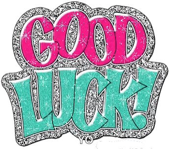 Large pink and turquoise bubble letters spell “GOOD LUCK.”
