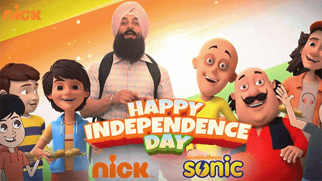a group of cartoon characters standing next to each other with the words happy independence day