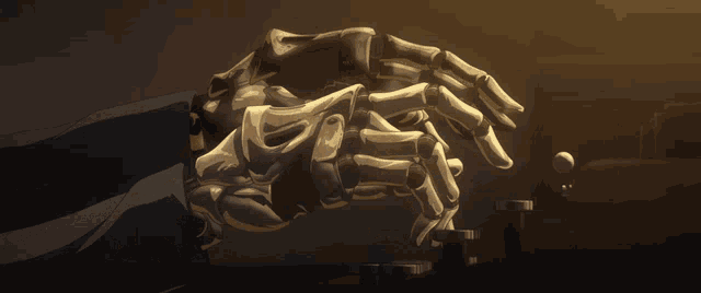 a skeleton hand is reaching out towards a chess piece