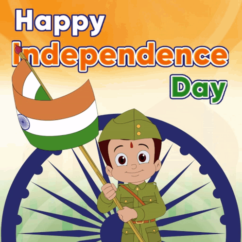 a cartoon character holding a flag with the words happy independence day behind him