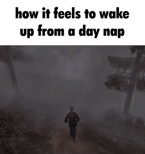 a man walking through a foggy forest with the words " how it feels to wake up from a day nap "