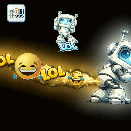 A robot and laughing emojis appear on a dark background with “LOL.”