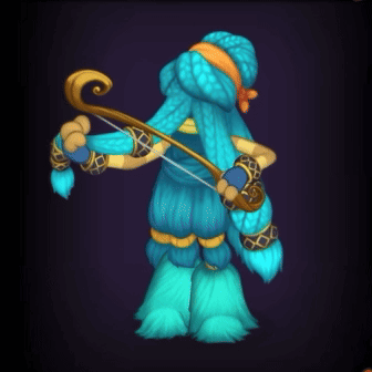 a cartoon character with blue hair is holding a bow