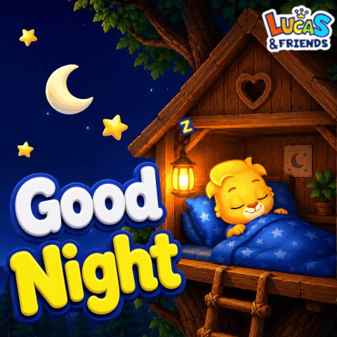 A cartoon child sleeps in a cabin bed under moon and stars beside “Good Night.”