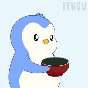 A blue penguin holds a steaming bowl, asking for more food.