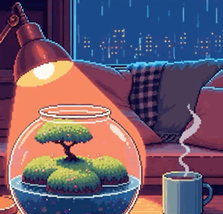 a pixel art illustration of a couch , a lamp , a bowl of plants , and a cup of tea .