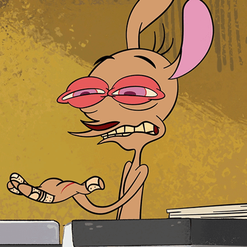 Ren from Ren & Stimpy grimaces with sore-looking hands beside a counter.