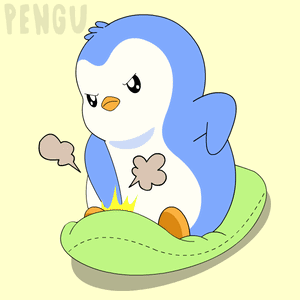 a blue and white penguin is sitting on a green pillow with the word pengu written on the bottom