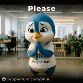A blue cartoon penguin clasps its flippers in an office beneath “Please.”