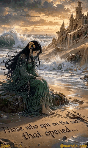 a painting of a woman sitting on a beach with the words " those who spit on the sea that opened " below her