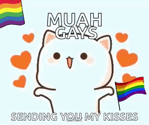 a cartoon cat is holding a rainbow flag and saying muah gays sending you my kisses .