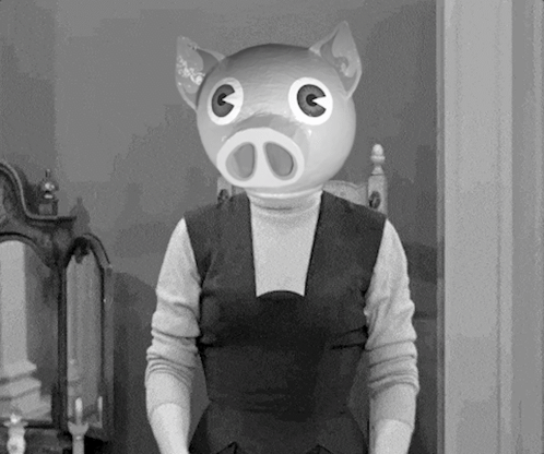 a black and white photo of a woman with a pig mask on