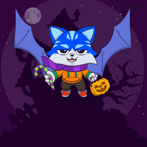 a blue cat with bat wings is holding a pumpkin and candy
