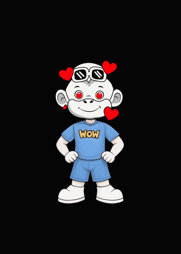 a cartoon monkey wearing sunglasses and a blue wow shirt
