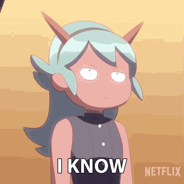 a cartoon character with horns and the words i know below her