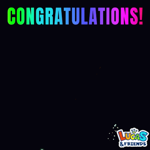 Rainbow-gradient “CONGRATULATIONS!” text shines on a black background.