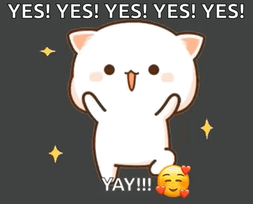 A cute white cartoon cat cheers under “YES! YES! YES! YES!”