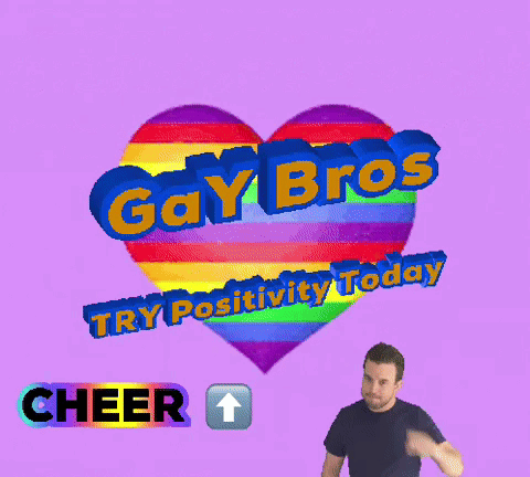 a purple background with a rainbow heart that says gay bros try positivity today