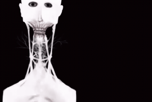 A pale eerie figure with a stretched open mouth appears on a black background.