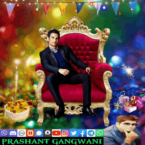 a man in a suit sits in a chair with a birthday cake in the background