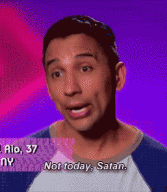 a man says " not today satan " on a purple background