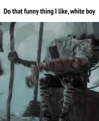 a video game character is holding a stick and says `` do that funny thing i like , white boy ''