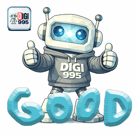 a robot wearing a hoodie that says digi 995 gives a thumbs up
