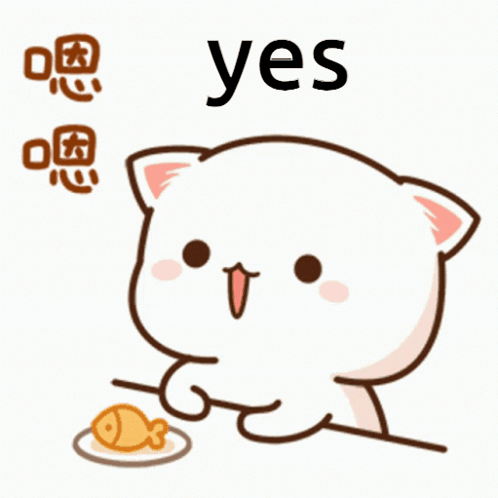 A blushing cartoon cat sits beside a fish and the word “yes.”