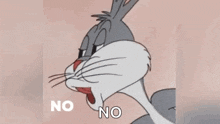 Bugs Bunny shakes his head no in a close-up cartoon shot.