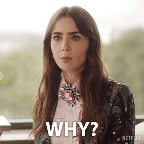 Emily Cooper from Emily in Paris looks baffled beneath the caption “WHY?”