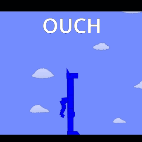 A blue stick figure falls through a sparse sky scene under a large “OUCH.”