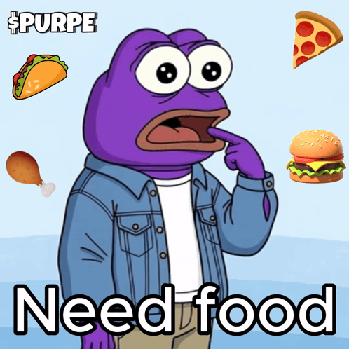 Purple Pepe gestures toward floating food with the caption “Need food.”