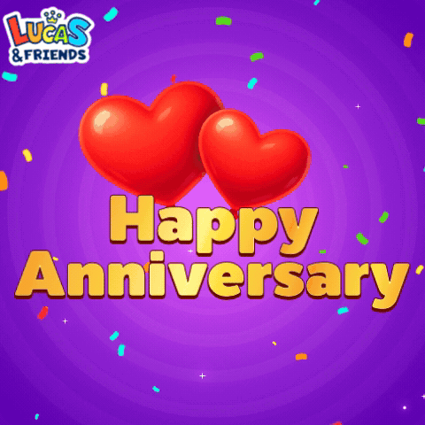 a purple background with two red hearts and the words happy anniversary on it