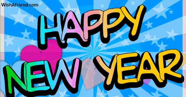 a happy new year greeting card with hearts and stars